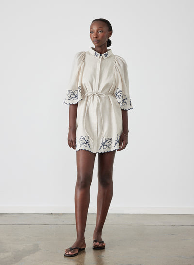 Hattie Linen Ramie Embroidery Mini Smock Shirt Dress | Flax Navy