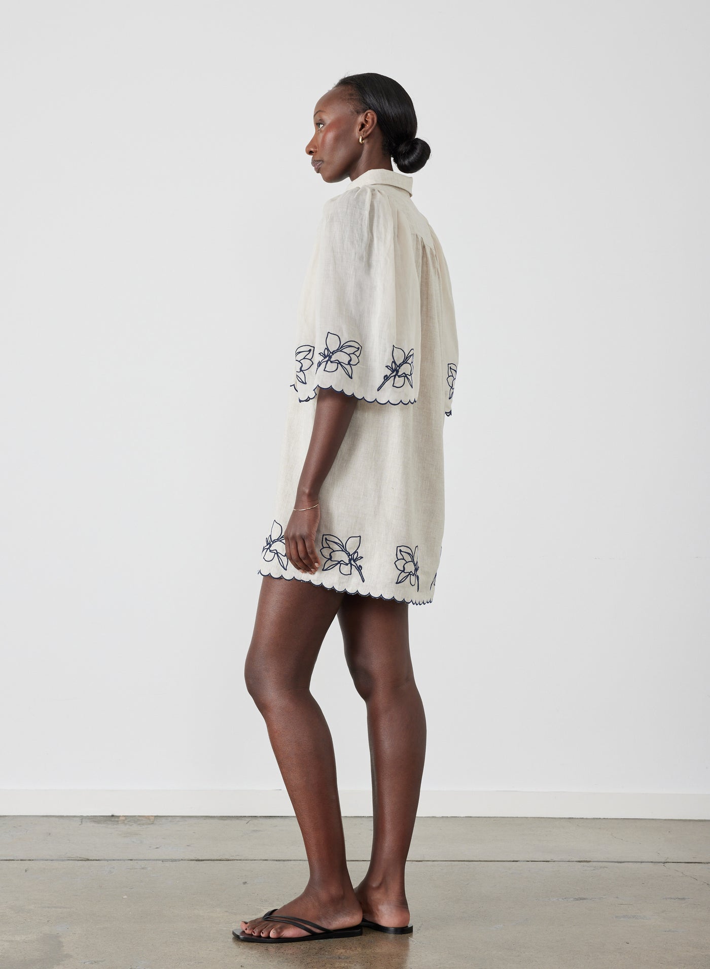 Hattie Linen Ramie Embroidery Mini Smock Shirt Dress | Flax Navy