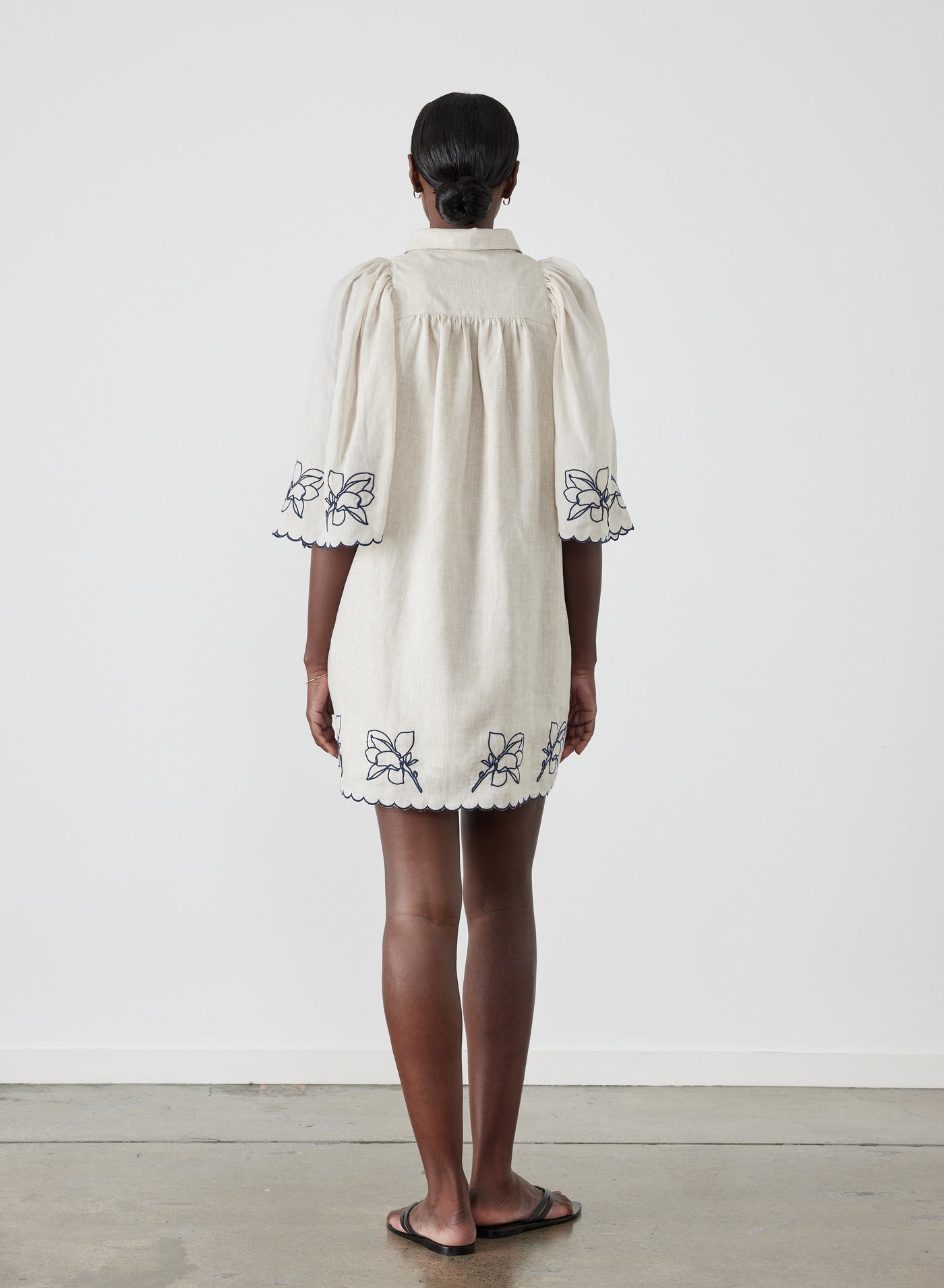 Hattie Linen Ramie Embroidery Mini Smock Shirt Dress | Flax Navy