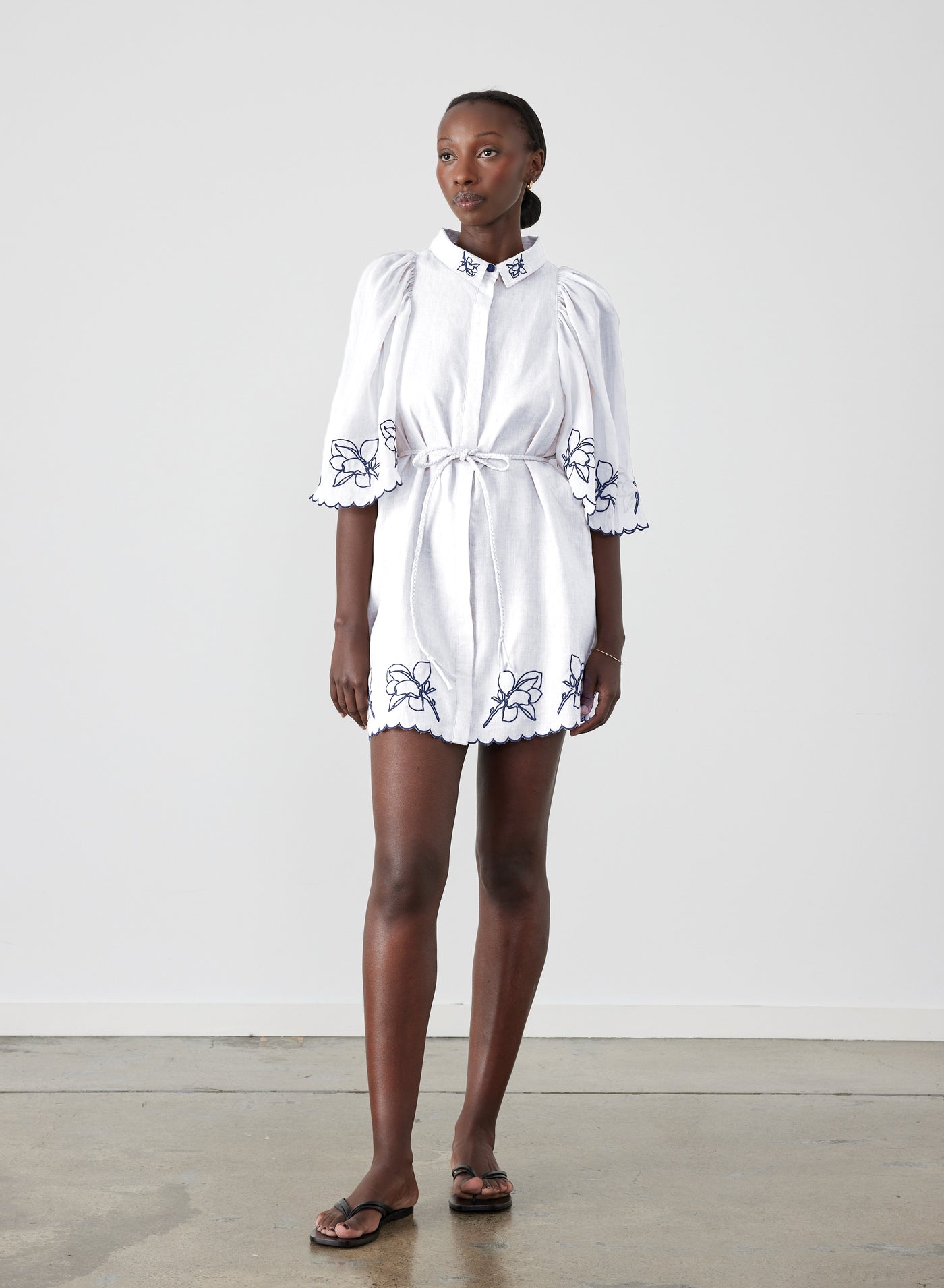 Hattie Linen Ramie Embroidery Mini Smock Shirt Dress | Optical White Navy