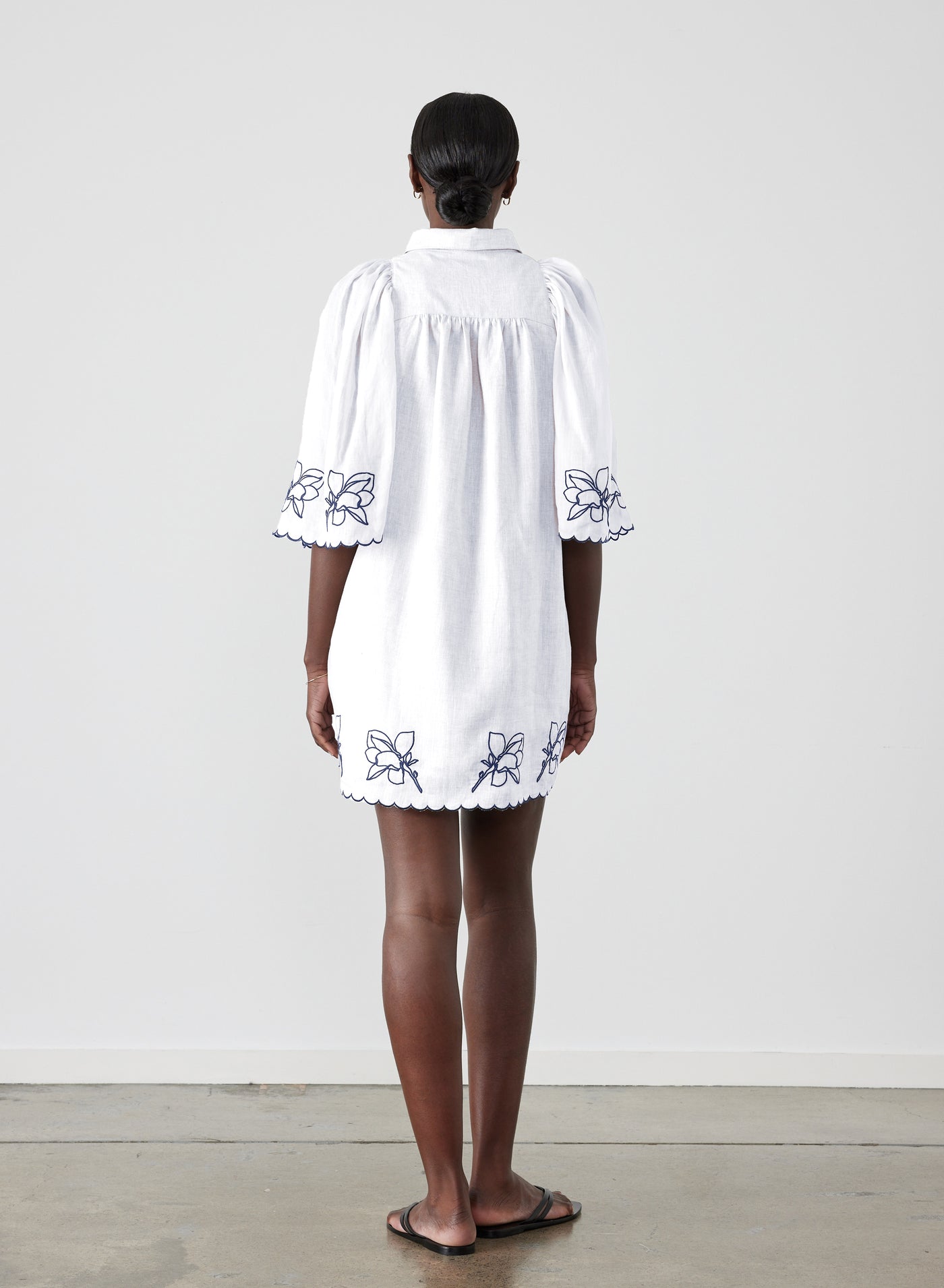 Hattie Linen Ramie Embroidery Mini Smock Shirt Dress | Optical White Navy