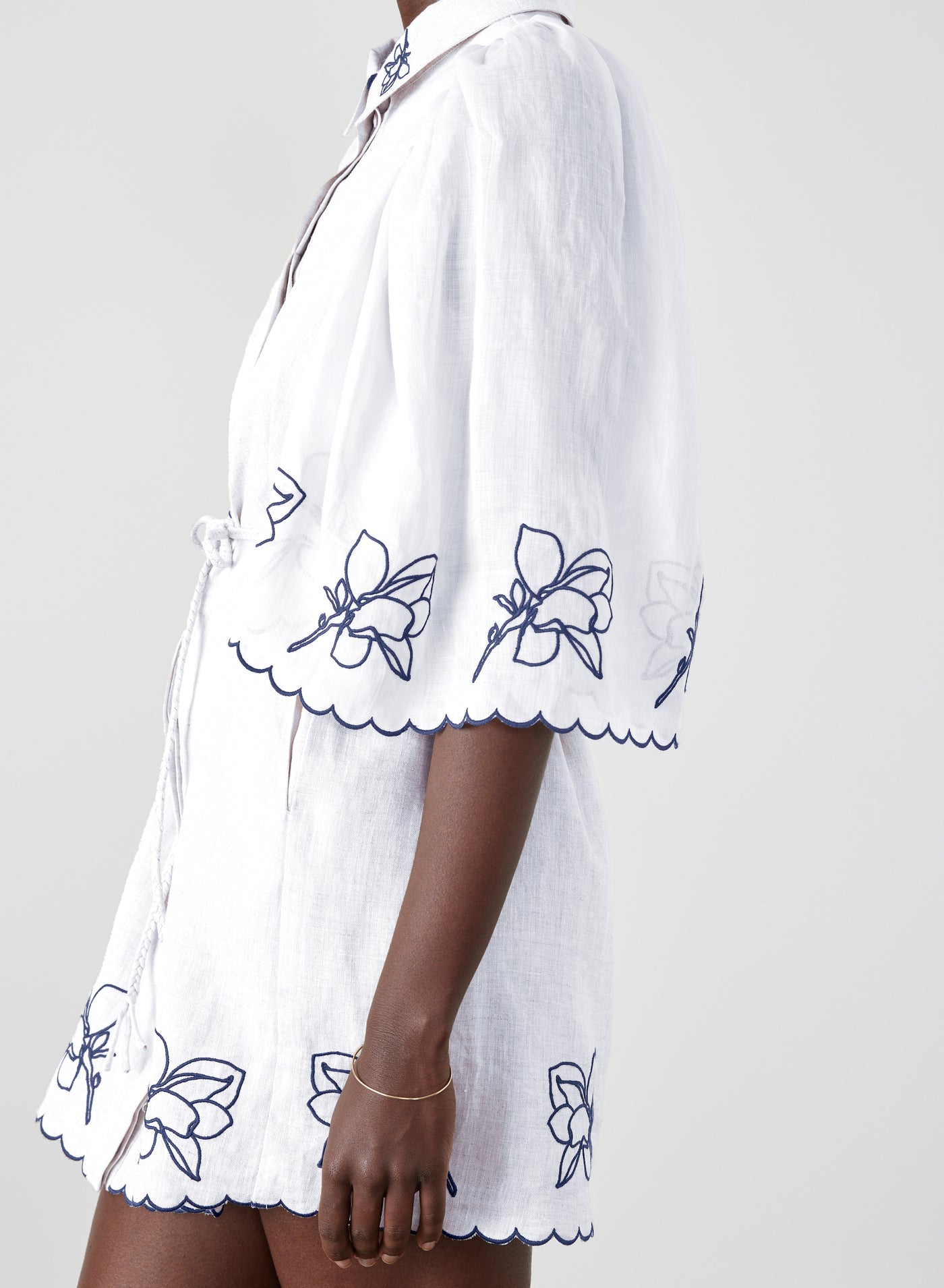 Hattie Linen Ramie Embroidery Mini Smock Shirt Dress | Optical White Navy