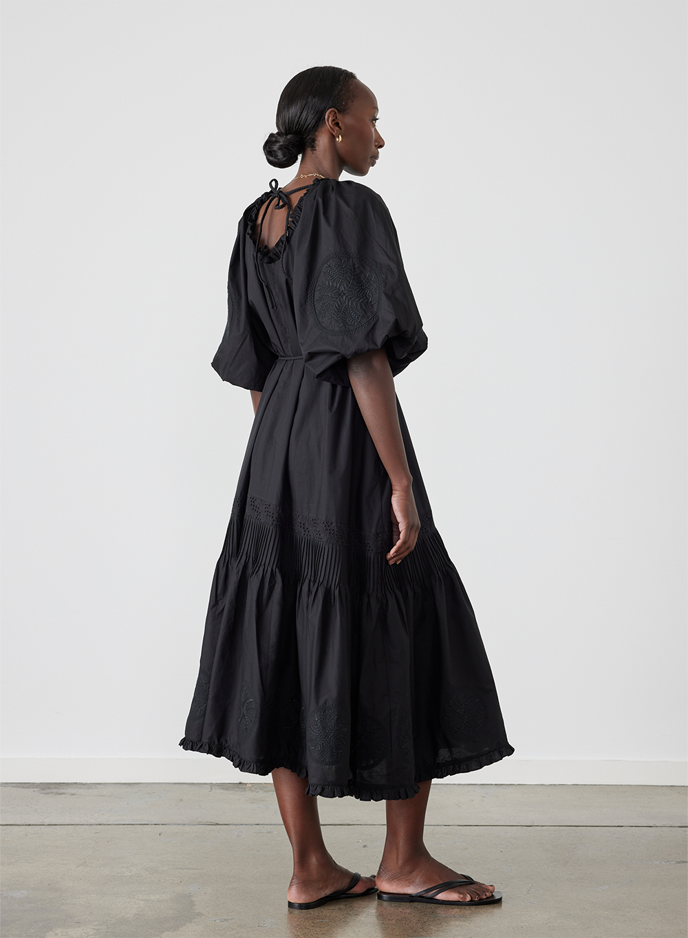 Lilah Organic Cotton Embroidery Midi Smock Dress Black Joslin