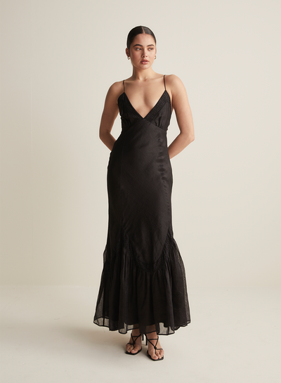 Claudette Bias Silk Linen Maxi Dress | Black