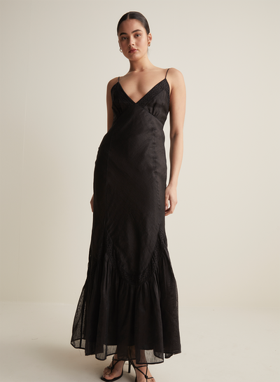 Claudette Bias Silk Linen Maxi Dress | Black