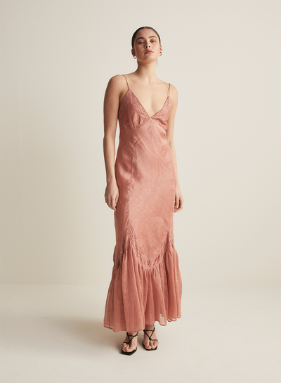 Claudette Bias Silk Linen Maxi Dress | Rose