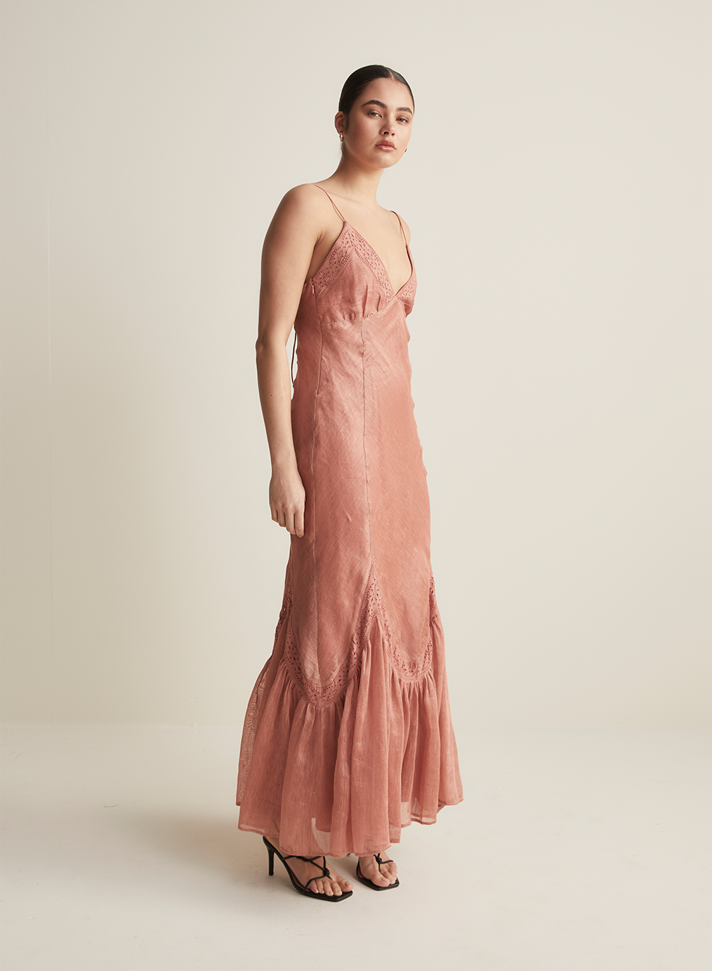 Claudette Bias Silk Linen Maxi Dress | Rose