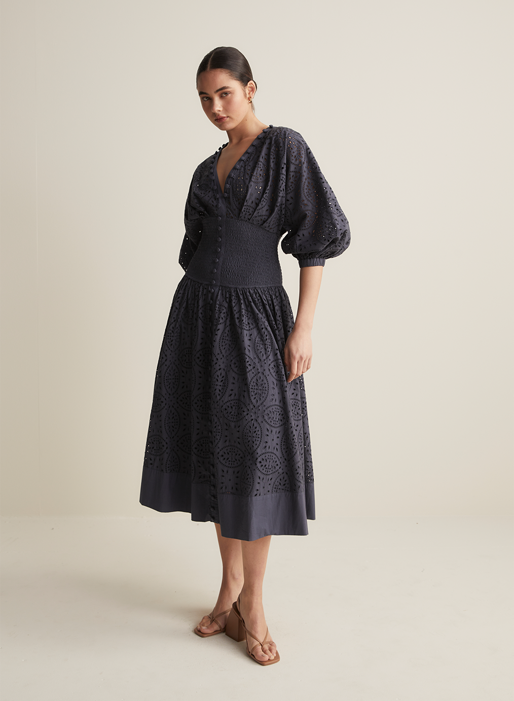 Regina Cotton Broiderie Midi Dress | Navy