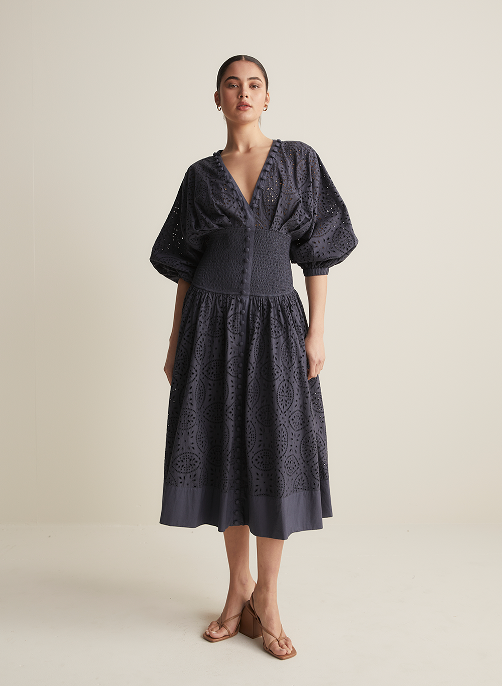 Regina Cotton Broiderie Midi Dress | Navy