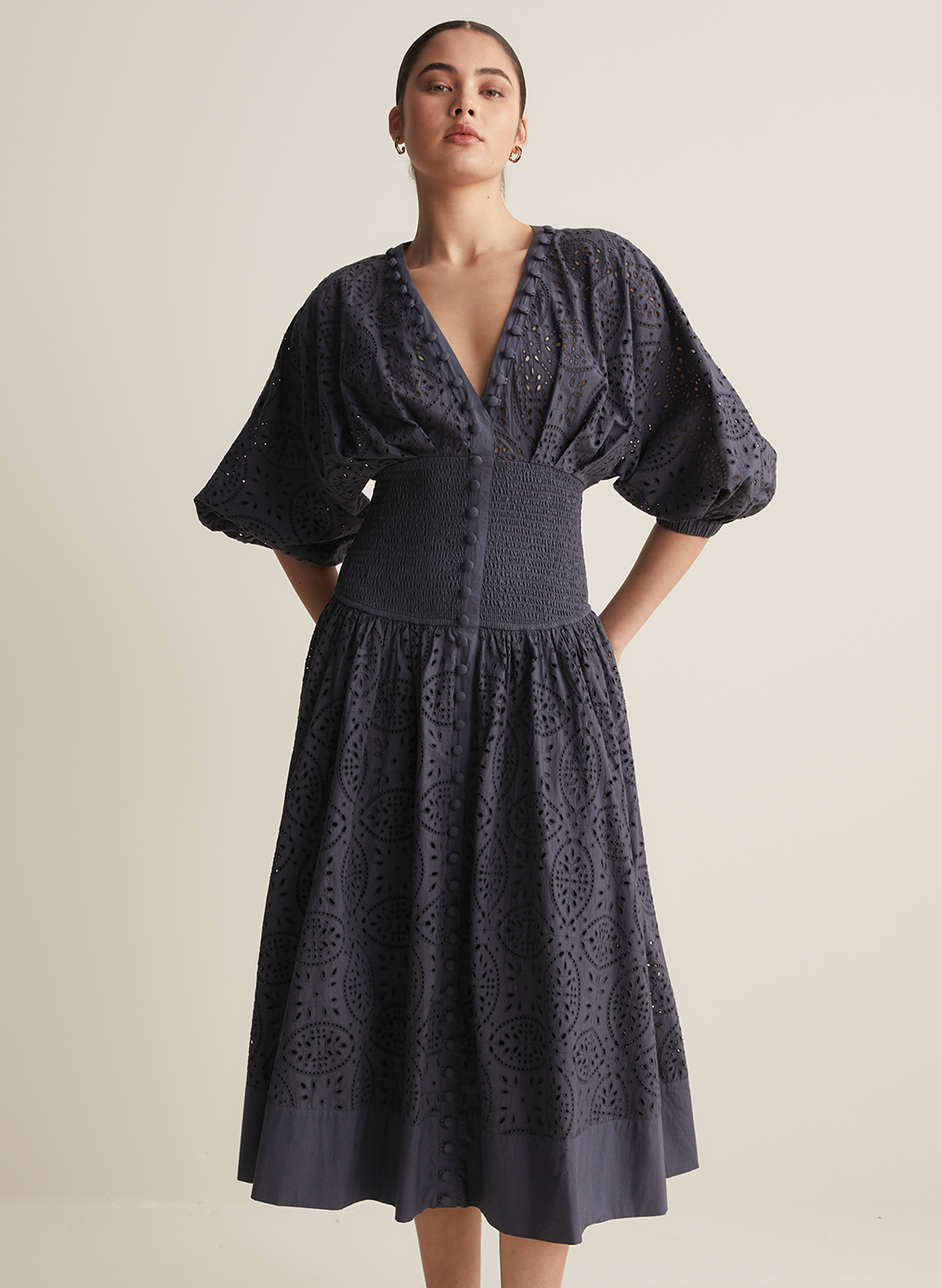 Regina Cotton Broiderie Midi Dress | Navy