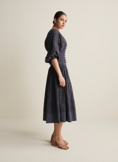 Regina Cotton Broiderie Midi Dress | Navy