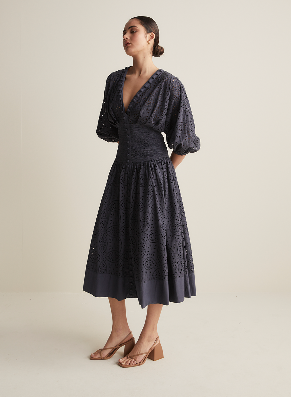 Regina Cotton Broiderie Midi Dress | Navy