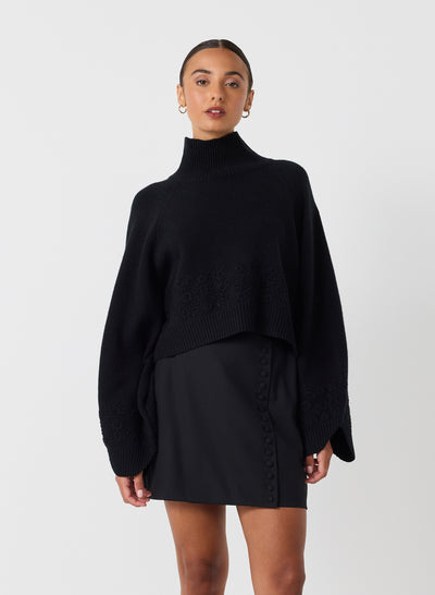 Carla Wool Embroidery Knit | Black