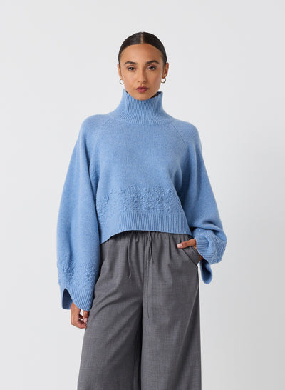 Carla Wool Embroidery Knit | Chambray Marle