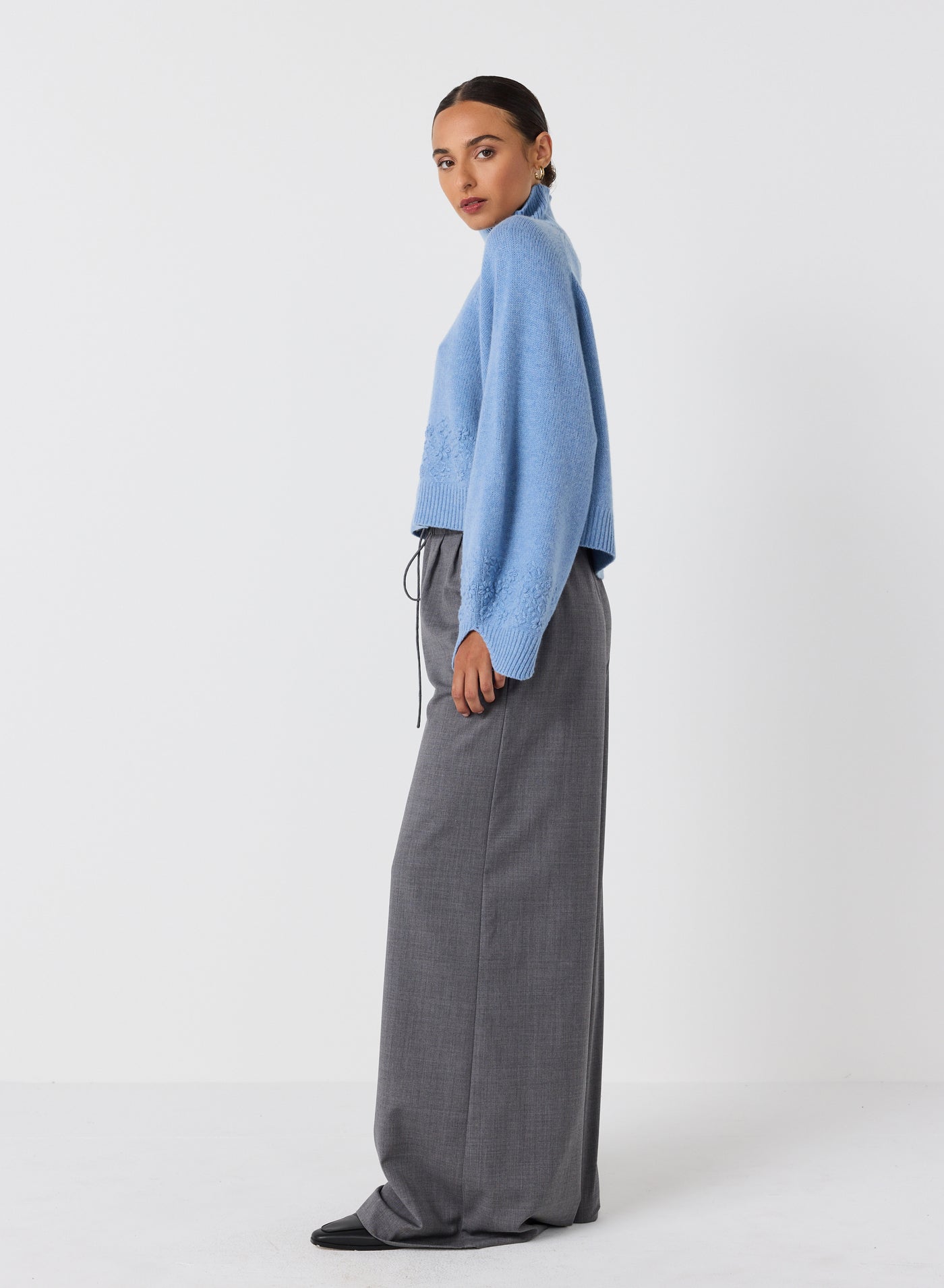 Carla Wool Embroidery Knit | Chambray Marle