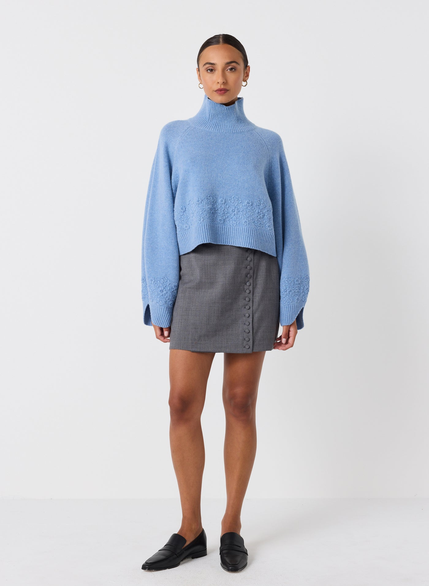 Carla Wool Embroidery Knit | Chambray Marle