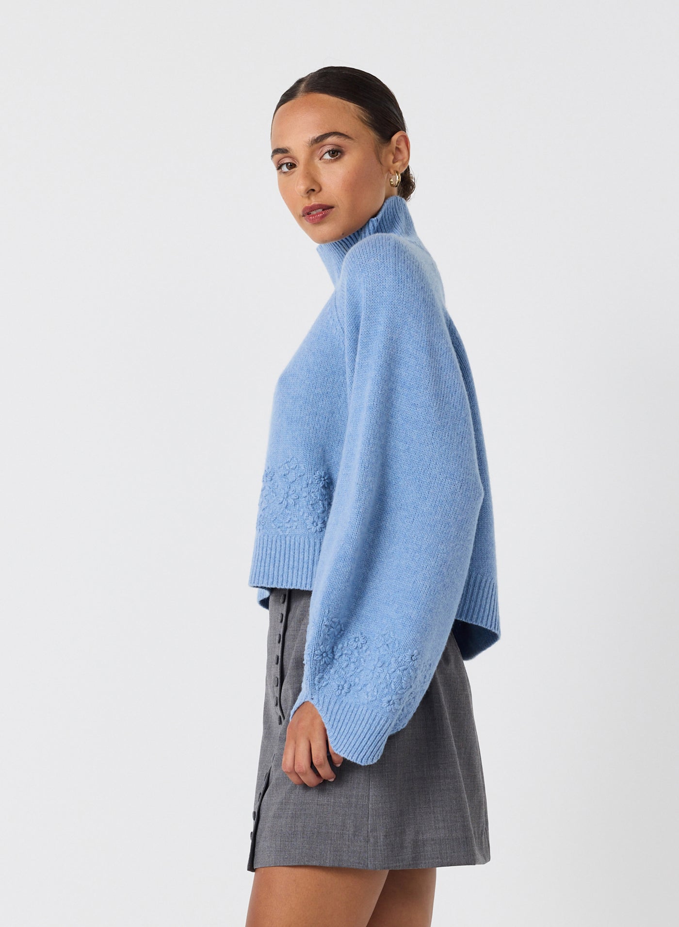 Carla Wool Embroidery Knit | Chambray Marle