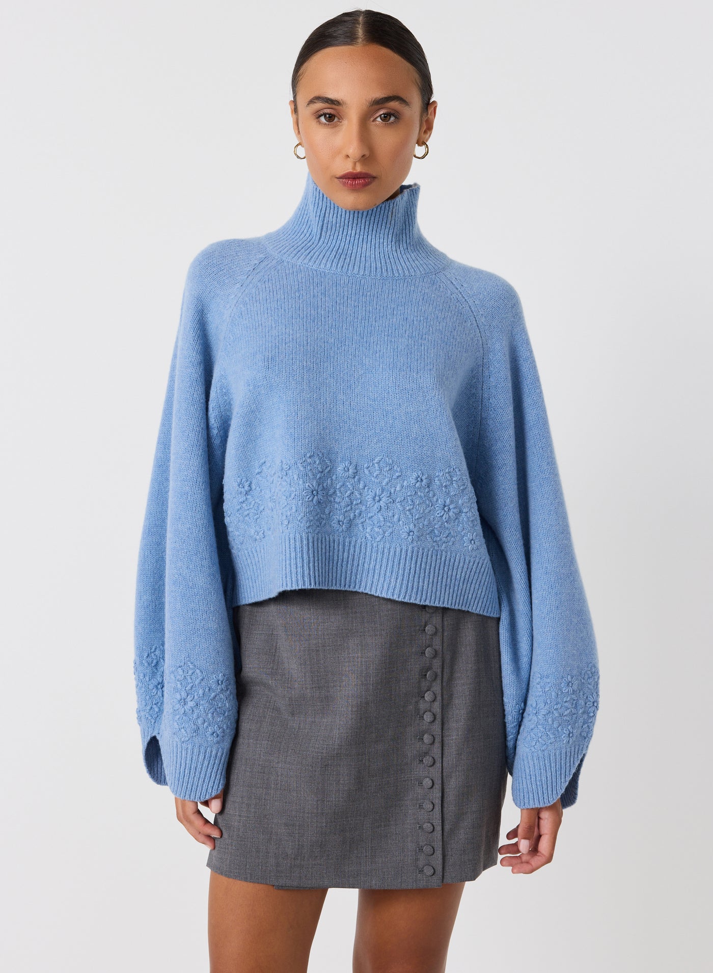 Carla Wool Embroidery Knit | Chambray Marle