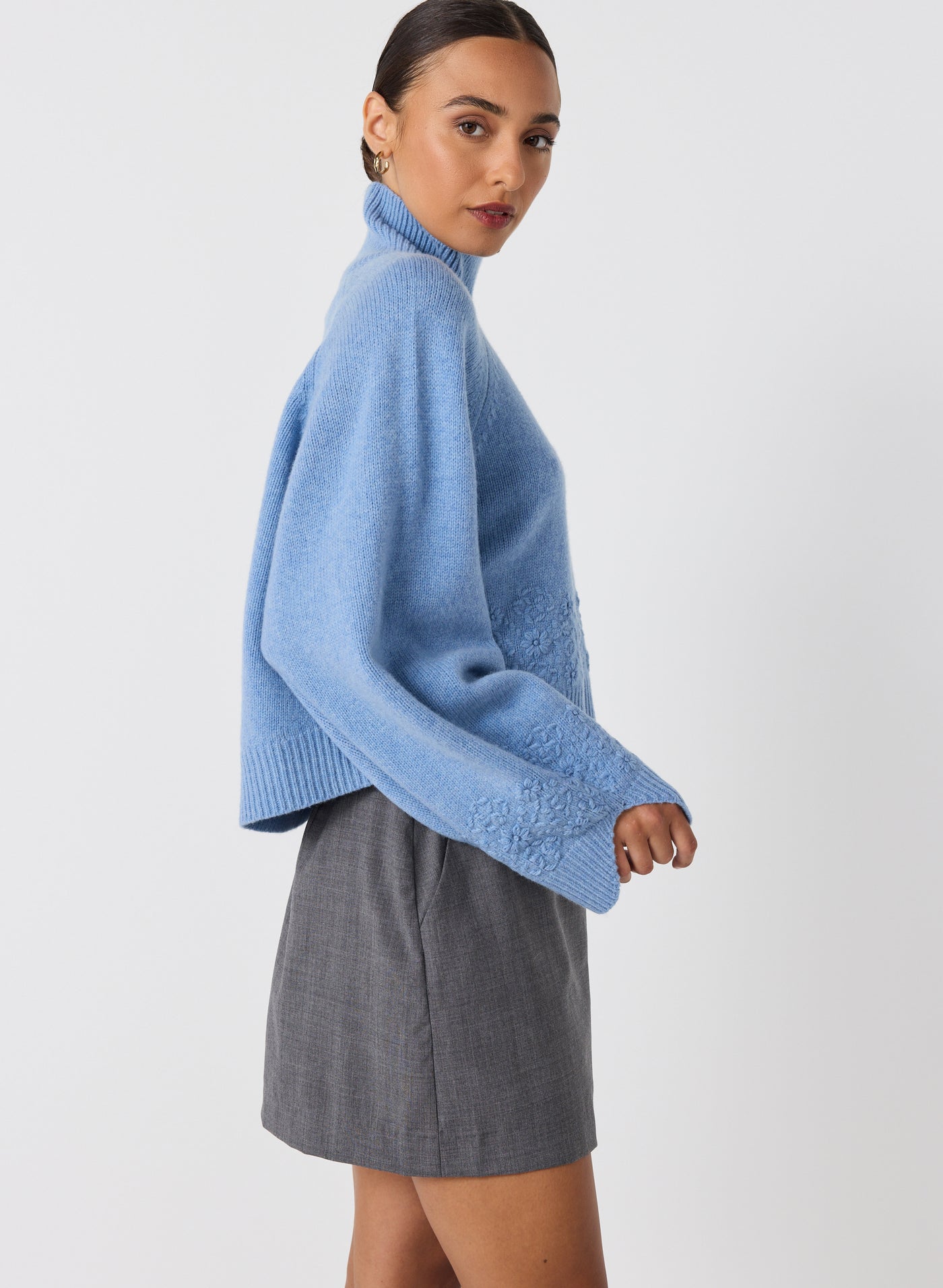 Carla Wool Embroidery Knit | Chambray Marle