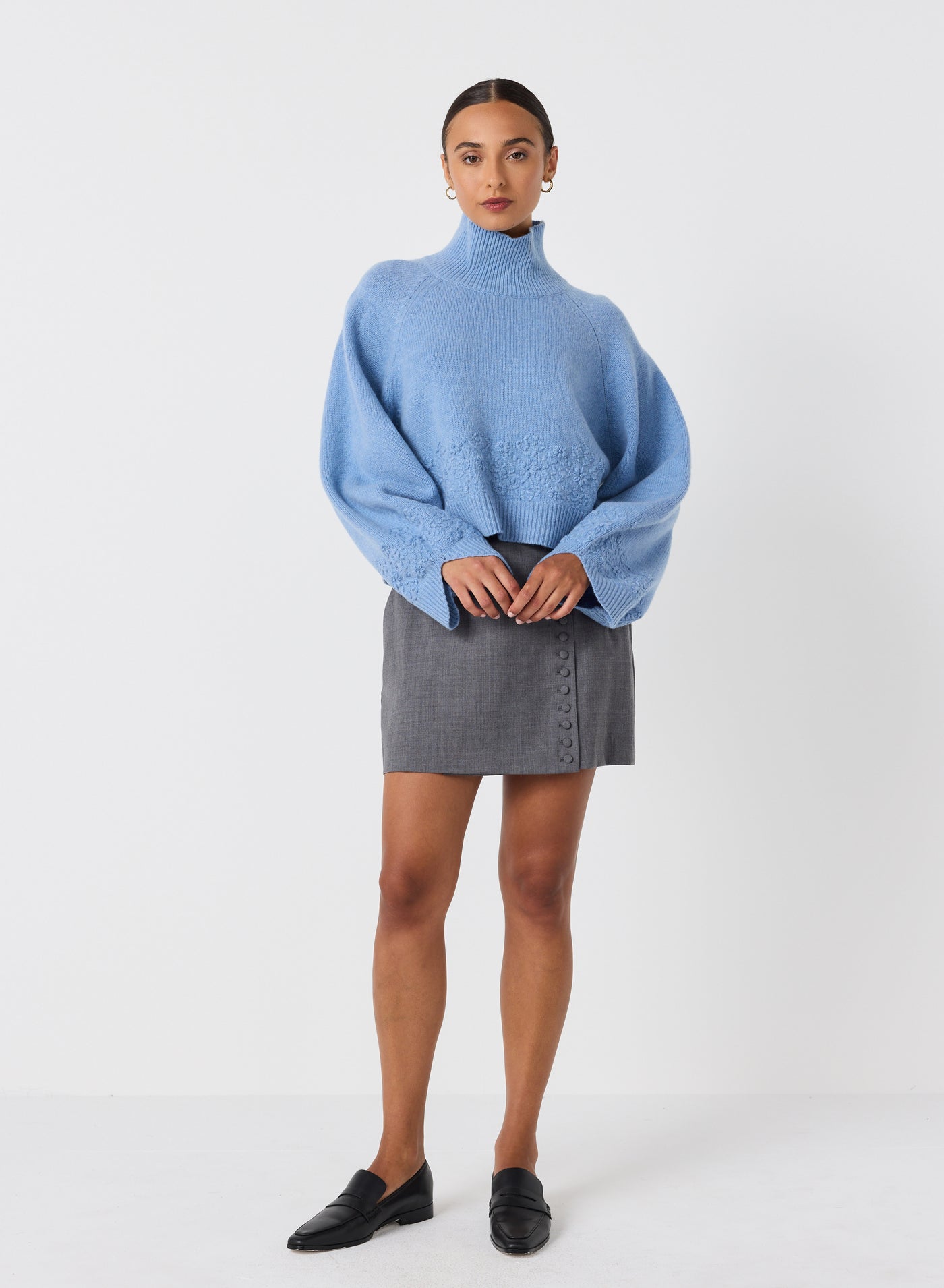 Carla Wool Embroidery Knit | Chambray Marle