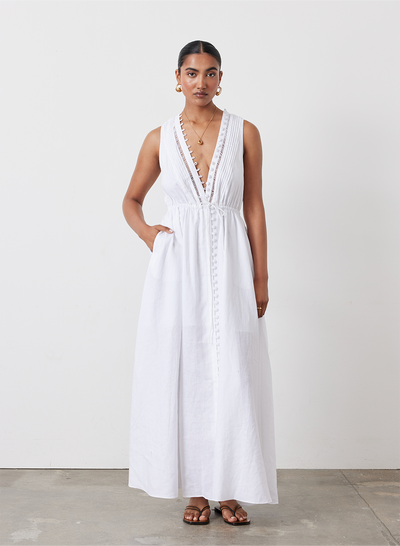 MELINDA LINEN SLEEVELESS MAXI DRESS | WHITE